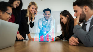 group business partners meeting present with modern chart hologram