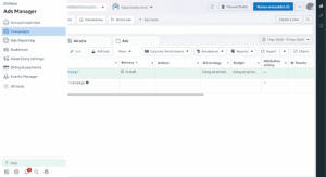Ads manager dashboard showing an active campaign.